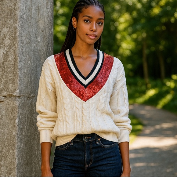 Escada Sweaters - Vintage 80s Escada Wool Cable Knit Sweater with Red Sequin V Neck size 38 or M/L